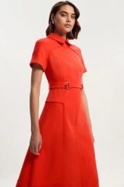 Compact Stretch Tab Detail Full Skirted Midi Dress Tomato Red at Karen Millen